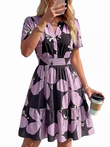 BTFBM Summer Dresses for Women 2026 Lightweight Casual Short Sleeve Floral Mini Dress A Line Beach Vacation Sundress(Black Purple Flower, Small) - Thumbnail 4