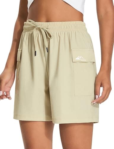 EZRUN Women's 5" Hiking Shorts Lightweight Quick Dry Athletic Shorts with Pockets Casual Golf Summer Cool Water Resistant (Light Khaki,XXL) - Image 1