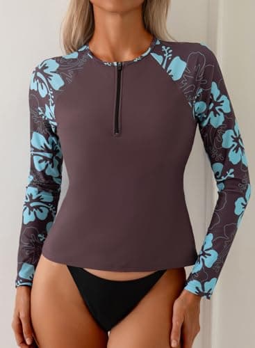 Dokotoo Women's Long Sleeve UV Sun Protection Rash Guard Top for Surfing Paddleboarding Without Bottoms Brown Medium - Thumbnail 6