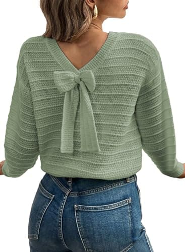 EVALESS Fall Sweaters for Women Long Sleeve Fashion Outfits 2026 Back Bow Knot Sweaters Round Neck Solid Trendy Cute Clothing Knit Pullover Sweater Tops Green Small - Image 1