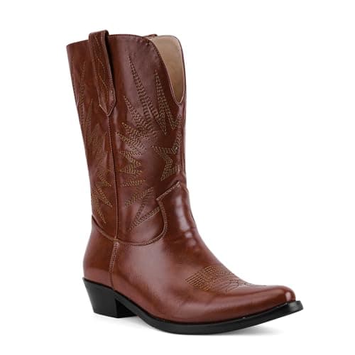 QIV Brown Mid Calf Boots for Women Short Western Cowgirl Boots With Star Embroidery Pointed Toe Low Heel Easy Pull-On Fit Size 9.5 - Thumbnail 6