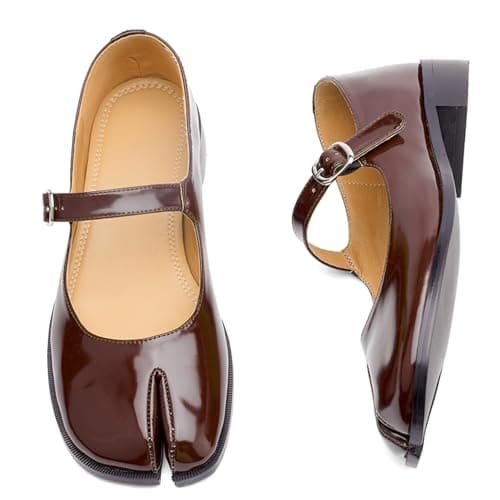 VOZTOLLS Mary Jane Flats Women Tabi Split Toe Low Block Heel Mary Jane Pumps Comfortable Casual Walking Dress Party Flats Shoes Dark Brown Size 9.5 - Thumbnail 4