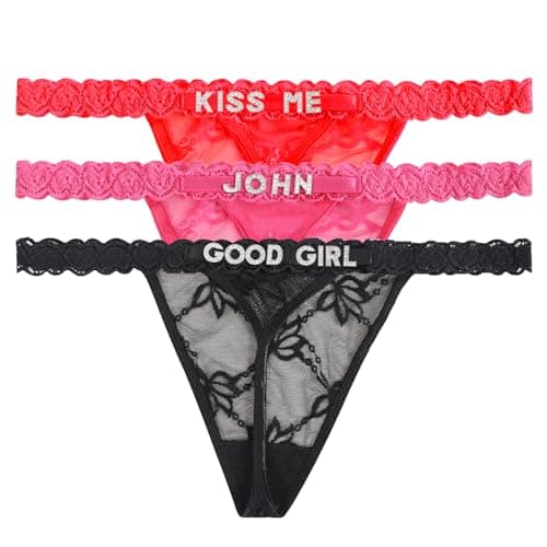 XGSiNuoBao (3 Pack) Custom Thongs with Names, Personalized Lace G-String Underwear Panties with Sewn On Rhinestone Shiny Letters Name for Women