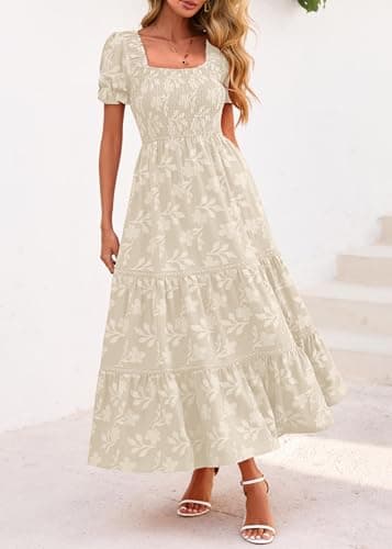 Lazysmile Women's Summer Boho Floral Maxi Dress Short Sleeve Square Neck Smocked Ruffle Elegant Wedding Guest Dress Apricot - Thumbnail 5