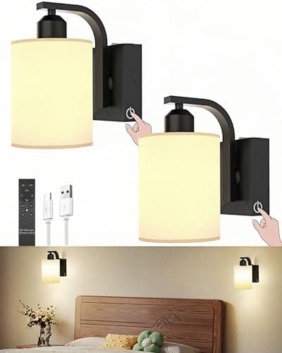 iThird Wall Sconce Battery Operated Set of 2, 6000mAh Rechargeable Wall Lights with Touch Control and Remote Control, Wireless Wall Lamps for Bedroom, Black Sconces Wall Decor for Living Room Hallway - Image 1