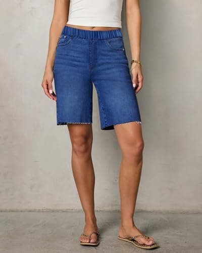 Women Jean Shorts Women Booty Lifting Jeans Blue Denim Plus Size Long Jean Shorts Dressy Casual Shorts - Thumbnail 2