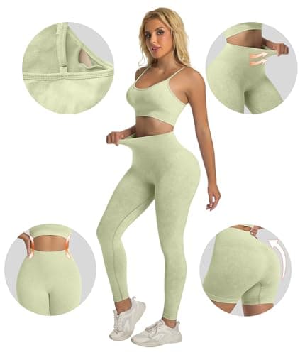 YOAKUKA Women's 4 Piece Workout Sets Seamless Acid Wash Yoga Outfits with Short Sleeve Top Sports Bra Biker Shorts High Waist Leggings Active Set - Thumbnail 4