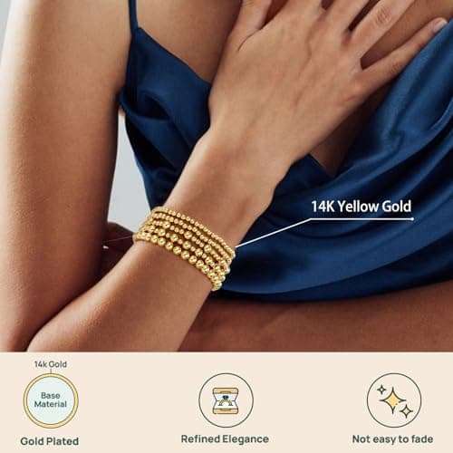 adoyi Gold Bracelets for Women, 14K Gold Plated Beaded Stretch Bracelet Strand Bead Ball Bracelets stack Set Trendy Adjustable Non Tarnish Jewelry Sets for Womens Gifts - Thumbnail 3