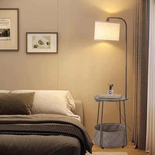 YJSQOEOE Floor Lamp with Cat Bed and Charging Station, Adjustable Lampshade, 3 Color Temperatures, Remote & Rocker Switch Control, Standing Lamp with USB & AC Outlets for Living Room Bedroom, Gray - Thumbnail 6