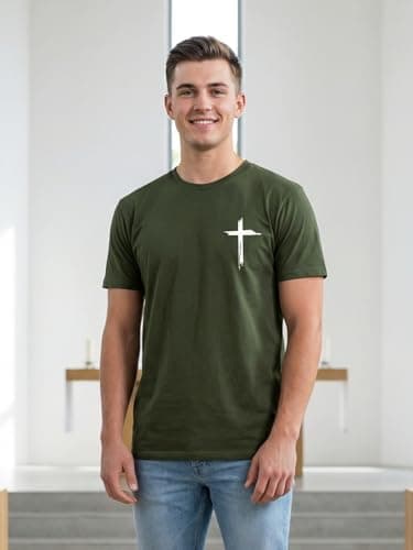 Christian Shirts for Men Faith Cross Print Tshirts Bible Verse Inspirational Graphic Crewneck Short Sleeve Top Green - Thumbnail 2