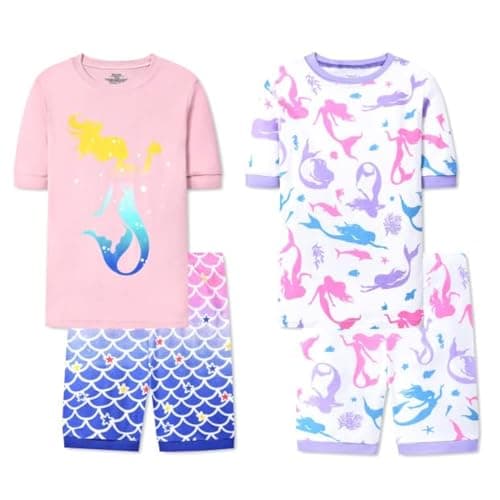 Joyond Girls Summer Cotton Pajamas 2t for Toddler Clothes Kids Short Sleeves 4 Piece Snug-Fit Sleepwear Mermaid Pjs Set