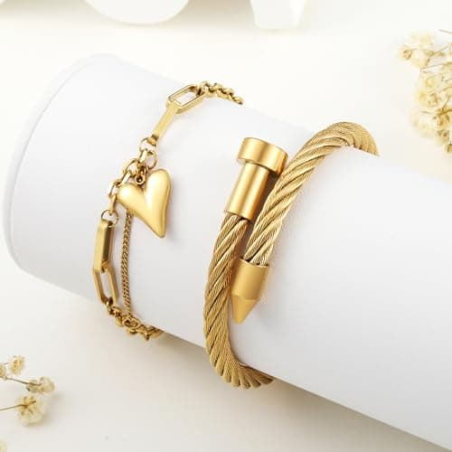 LCTrusttmor Gahna Heart Charm Bracelets for Women, Stackable 18K Gold Plated Heart Charm with Adjustable Box Link Chain Set Trendy Jewelry Gifts - Thumbnail 5