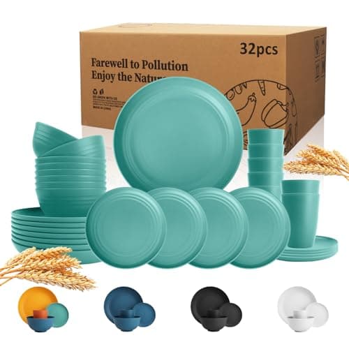 Wrova Wheat Straw Dinnerware Set of 32,Unbreakable Dinner Plates and Bowls Dishes Sets Service for 8,Dishwasher Safe Dinnerware Sets for Kitchen and Camping.Green