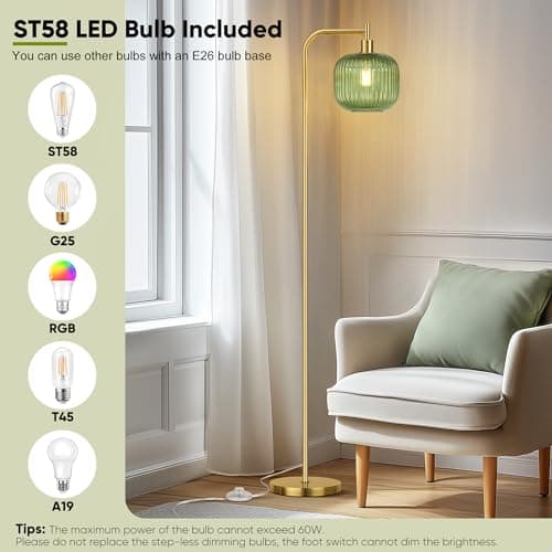 QiMH Glass Floor Lamp for Living Room, Modern Standing Lamp with Ribbed Glass Lampshade Pedal Switch, 67” Tall Lamp for Bedroom Study Room, Brushed Gold (2700K LED Bulb Included) - Thumbnail 5
