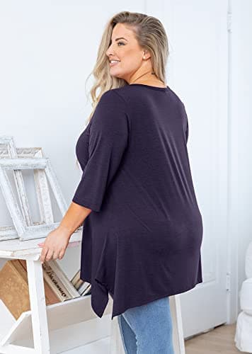 AusLook Plus Size Tops for Women 3/4 Sleeve Navy Blue 4X Crewneck Tunic Clothing Flowy Blouse Loose Fit Babydoll Summer Fall Winter Maternity Shirts Wear with Leggings - Thumbnail 5