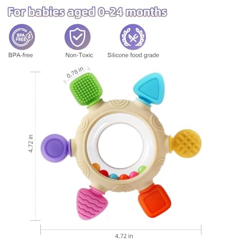 VTECHOLOGY Baby Teething Rings Toys for 0-6 6-12 Months Baby Rattle Teether Sensory Toys for Babies 0-24Months Silicone Teether Relief Chew Soothing Sore Gums for Newborn Infant Essentials BPA Free - Thumbnail 2