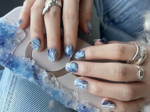 Fine Point Midnight Nebula Press On Nails for Women, 10pcs Short squoval False Nails, Handmade Galaxy Marble with White Line Art, Reusable Glue On Nails (Size Medium) - Thumbnail 2