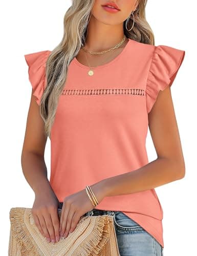 JUSTFASHIONNOW Ruffle Short Sleeve Tops for Women Cute Summer Shirts Dressy Casual Blouses Crew Neck Tshirts 2026 Trendy Clothes(Coral,Medium) - Thumbnail 2