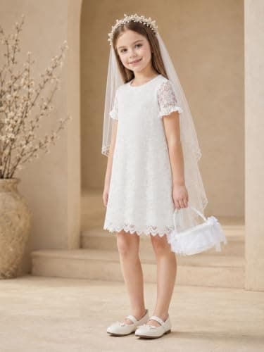 ALLOVIN Girls & Toddlers Graduation Soft Lace A-Line Short Sleeve Birthday Party Flower Girl Dress Wedding Communion | White | 3T - Thumbnail 4