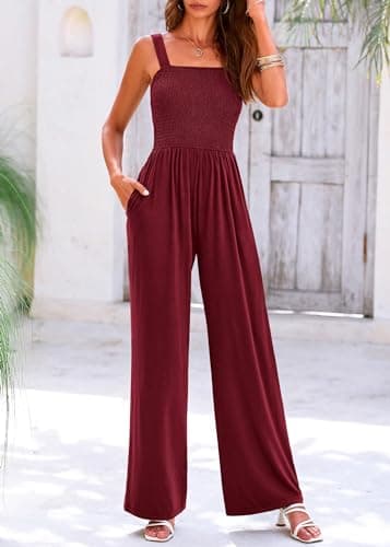 KIRUNDO Womens Jumpsuit 2026 Summer Casual Loose One Piece Overalls Smocked Sleeveless Wide Leg Rompers With Pockets(Deep Red, Small) - Thumbnail 6