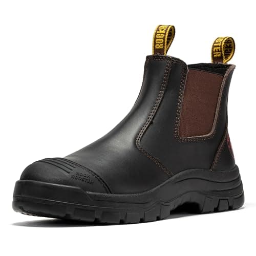 ROCKROOSTER Bakken - 6 inch Steel Toe Anti-fatigue Leather Slip On Safety Work Boots for Men AK229-08.5 (EH Rated Rubber Outsole, Dark Brown) - Image 1