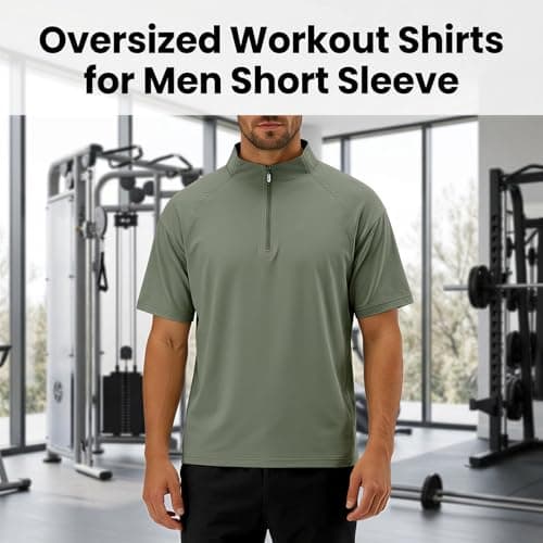 Oversized Workout Shirts for Men Short Sleeve Quarter Zip Athletic Shirts Pullover Lightweight Quick Dry Loose Fit Athletic Tops Baggy Work Out Shirt Breathable Gym Clothes Plus Size Gym Tshirt Khaki - Thumbnail 5
