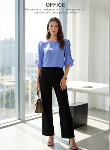 EVALESS 3/4 Length Sleeve Womens Tops Dressy Casual Blouses Crewneck Ruffle Sleeve Shirts Business Work Tops Sky Blue XX-Large - Thumbnail 5