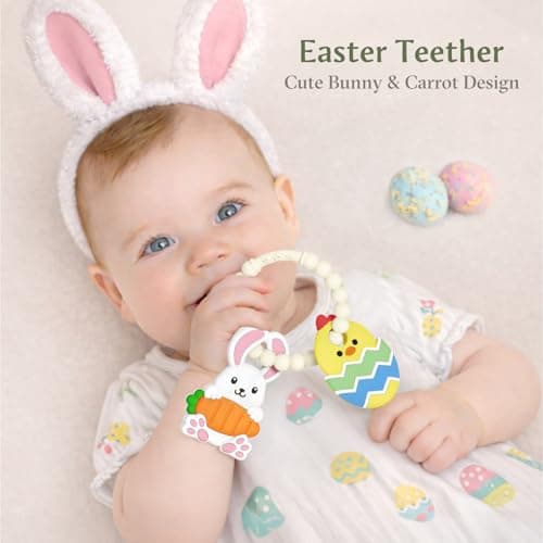 Easter Baby Teething Ring Toys – Bunny & Chick Easter Egg Teethers for Newborns, Infants & Toddlers – Sensory Chew Bracelet for Teething Relief – Perfect Baby’s First Easter Basket Stuffers - Thumbnail 2