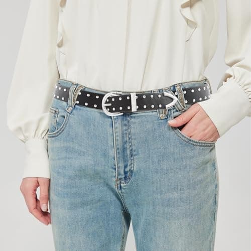 EONTISO Women Studded Leather Belt for Jeans, Punk Fashion Silver Rivets, Western Studded Black S - Thumbnail 2