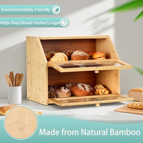 Wcatea Bread Box for Kitchen Countertop, Large Double Layer Bamboo Bread Storage Box with Clear Door, Includes 20 Bread Bags & Labels, Farmhouse Kitchen Storage Organizer (Natural Bamboo) - Thumbnail 2