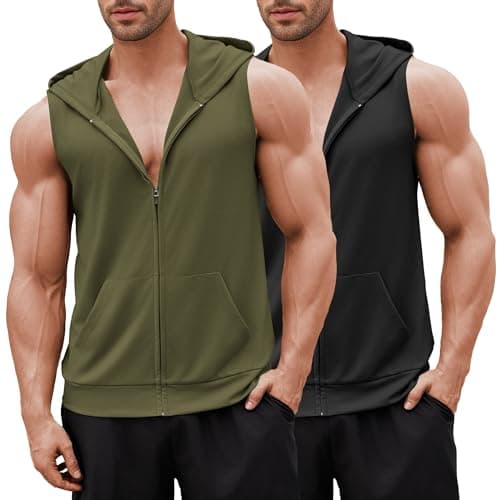 COOFANDY Cutoff Gym Shirt Mens Training Hooded Tank Top for Men Sleeveless Running Shirts with Hoodie Black and Army Green L - Image 1