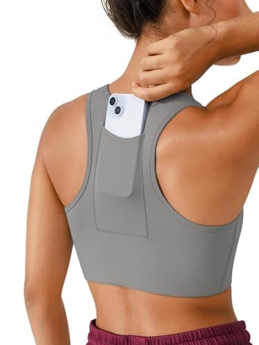 BRXL High Support Front Zip Sports Bra for Women with Phone Pocket Padded Racerback Workout Gym Running Yoga Bra Grey - Image 1