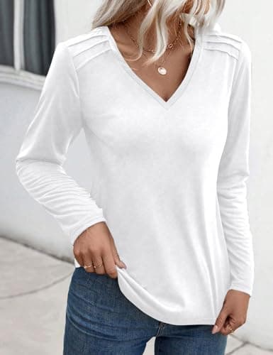 JUSTFASHIONNOW Pleated Long Sleeve Shirts for Women V Neck Dressy Casual Business Blouses Fall Tops 2025 Trendy(White,XX-Large) - Thumbnail 2
