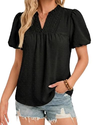 Funlingo Womens Boho Tops Summer Short Puff Sleeve V Neck Blouses Dressy Casual Flowy Swiss Dot Lace Crochet Babydoll Shirts Trendy Clothes 2026 Black XL - Image 1