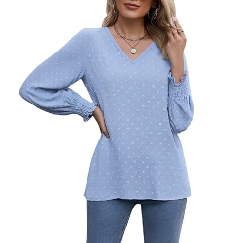 GAMISS Long Sleeve Shirt for Women Swiss Dot Sleeve Shirt Casual Blouse V Neck Stretchy Top Navy Blue, S - Image 1