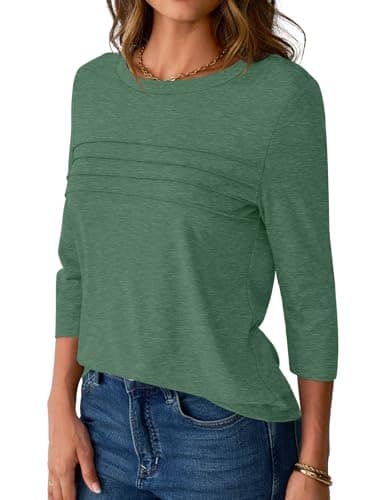 NORACORA 3/4 Sleeve Tops for Women T Shirts Dressy Casual Spring Fall Outfits Pleated Front Shirts Round Neck Casual Tunic Basic Tee Tops Green L - Thumbnail 4