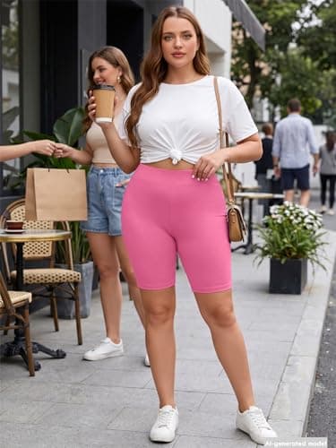 AusLook Women's Plus 8" Biker Shorts High Waist Tummy Control Fitness Athletic Workout Running Yoga Gym Volleyball Spandex Hot Pink 3X Shorts - Thumbnail 3