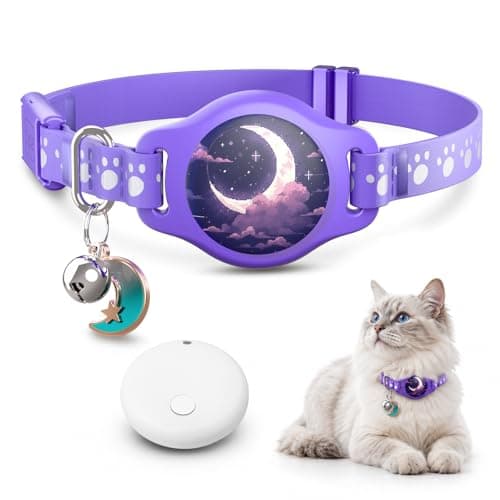 Cat Tracker Collar - Waterproof Airtag Cat Collar with Finder Tag (iOS ONLY), Compatible with Apple Find My, Breakaway Tractive Design with Reflective Pattern & Bell, Purple(Not for Android Devices)