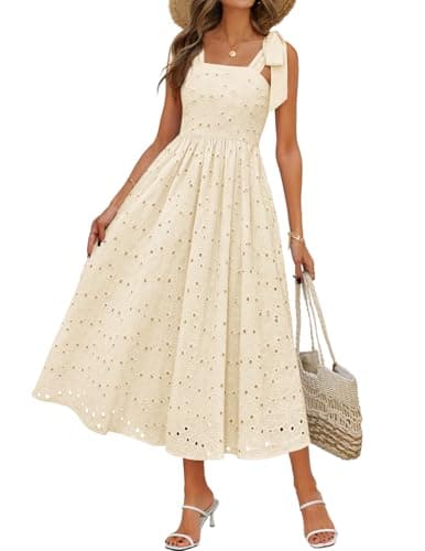 MEROKEETY Women's Summer Eyelet Square Neck Sundress 2026 Spring Sleeveless Flowy A Line Beach Vacation Long Maxi Dress, Apricot, XL - Image 1