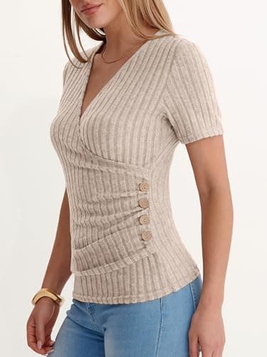 ANRABESS Women Long Sleeve V Neck Shirts,Light Khaki,S - Thumbnail 5