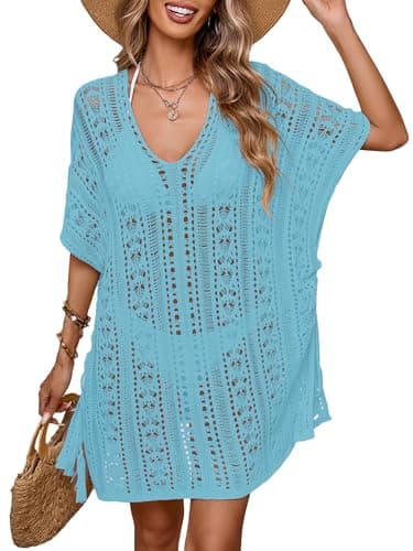 BreathSunny Womens Crochet Knit Short Cap Sleeve Swimsuit Coverup Summer 2025 Oversized V Neck Side Slit Mesh Swimwear Coverups Beach Swim Bikini Bathing Suit Cover Up Dress for Women Mint Blue M - Image 1