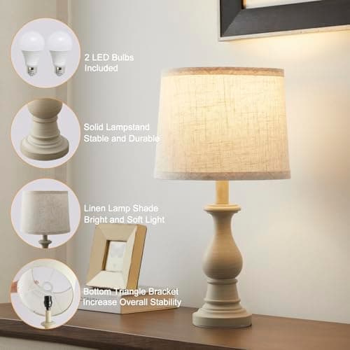 Hikczc Vintage Table Lamp for Living Room Bedroom, 18.5" Farmhouse Bedside Lamps Nightstand Lamp Set of 2, Table Lamps with Oatmeal Linen Lamp Shades, 2 LED Bulbs Included - Thumbnail 3
