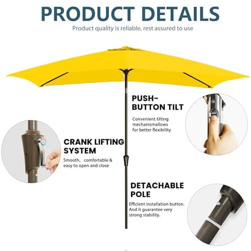 GREFORG 6.5x10FT Rectangular Patio Umbrella with Push Button Tilt & Crank Lift for Garden,UV Protection Outdoor Umbrella for Deck,Pool and Yard,Yellow - Thumbnail 3