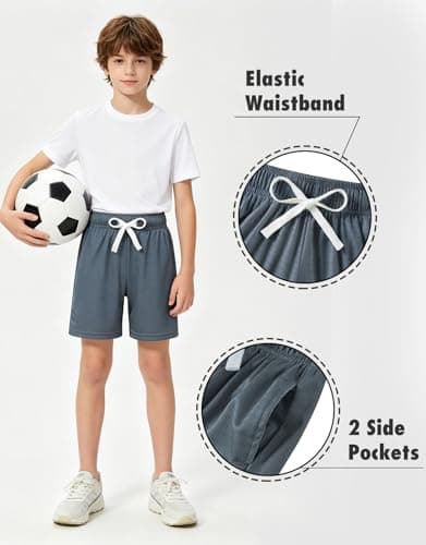 Cozople Boys Sports Shorts Stretchy Lightweight Breathable Mesh Athletic Shorts with Pockets for Summer Camp Basketball Daily Play Grey Stain-Resistant - Thumbnail 3