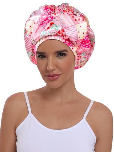 Vettres Double Layer Satin Bonnet with Eye Mask Adjustable Silk Sleep Cap Turban Style Hair Wrap for Curly Hair Pink Strawberry - Thumbnail 2