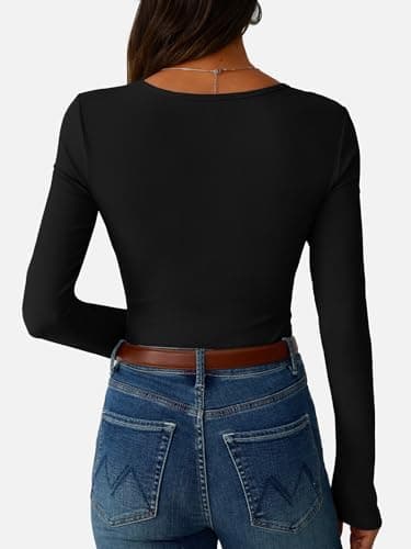 GKBK Ribbed Long Sleeve Tops for Women Henley Neck Slim Fitted Tight Basic Tee Tshirts Cute Fall Tops 2025 Trendy Outfits Clothes Black XL - Thumbnail 5