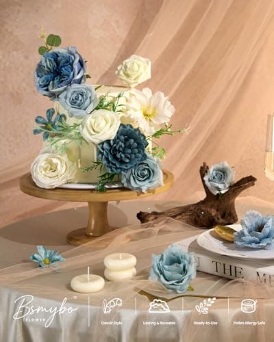 BSMYBO Dusty Blue Artificial Flowers Combo, Baby Blue Wedding Flowers Fake Floral Bulk Bouquets, Light Blue Flowers, Silk Rose Flowers for Wedding Bridal Shower Table Centerpieces & Home Party Decor - Thumbnail 5