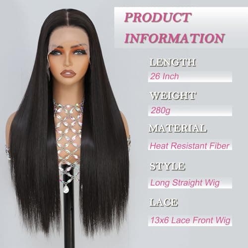 Barbique Synthetic Lace Front Wig,13x6 Lace Wig Pre-Plucked Long Straight Glueless Natural Black Wigs for Black Women 26 Inch Ready to Wear Wigs Beginner Friendly - Thumbnail 3