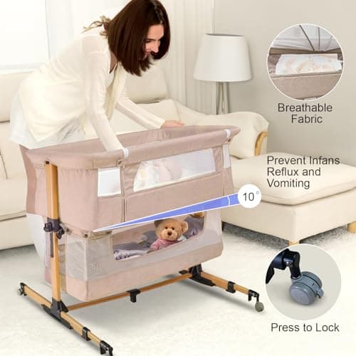 cutebeams Baby Bassinet, 4 in 1 Bedside Bassinet for Baby, Rocking Bassinet with Mattress and Mosquito Net, 5-Height Adjustable, Breathable Mesh (Pink) - Thumbnail 4