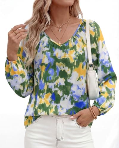 Zenlonr Women's Summer Tops Dressy Casual 2026 V Neck Satin Silk Printed Shirts Boho Long Sleeve Work Blouses(Floral Laurel Green,XX-Large) - Thumbnail 4